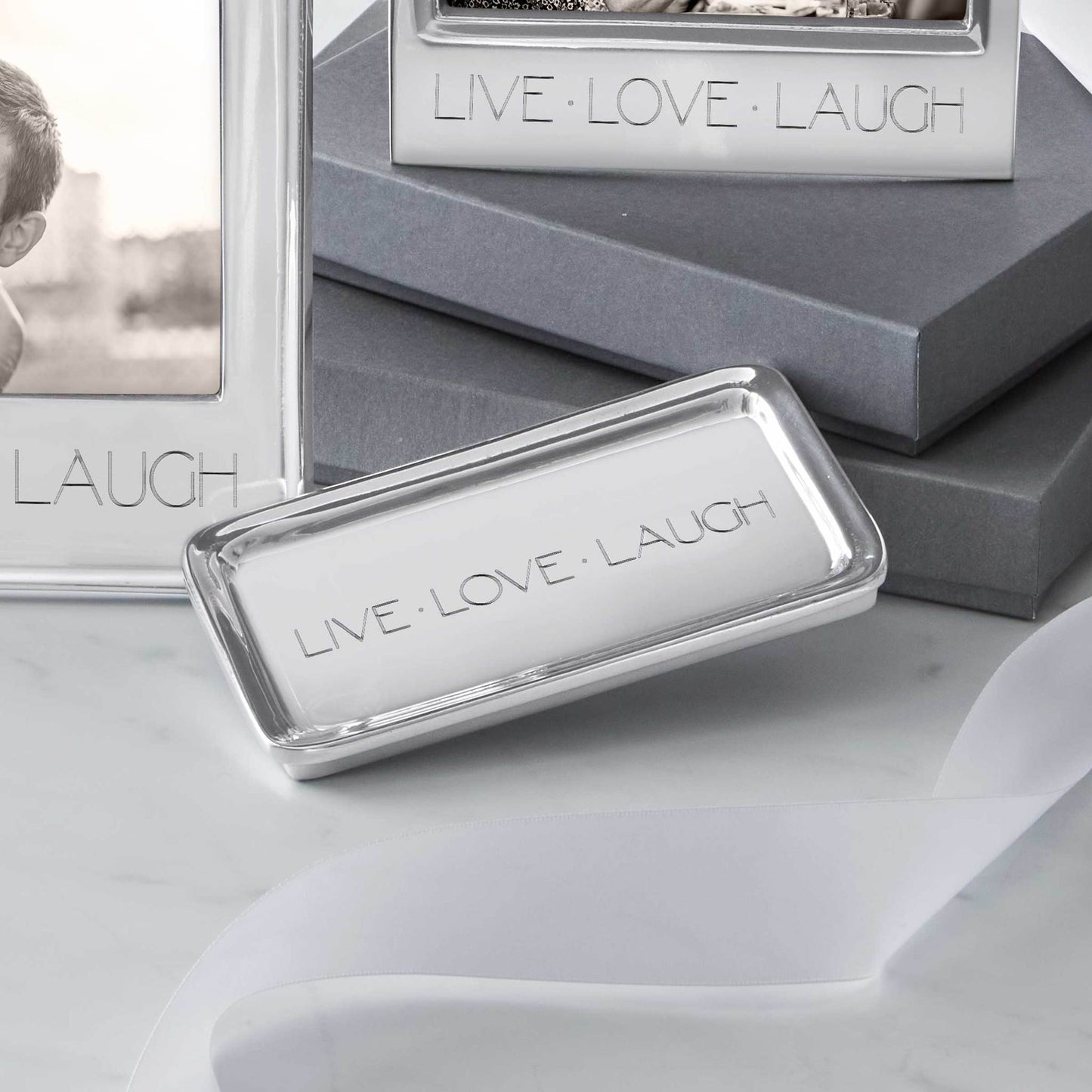 Engraved Silver Vanity Tray with picture frames