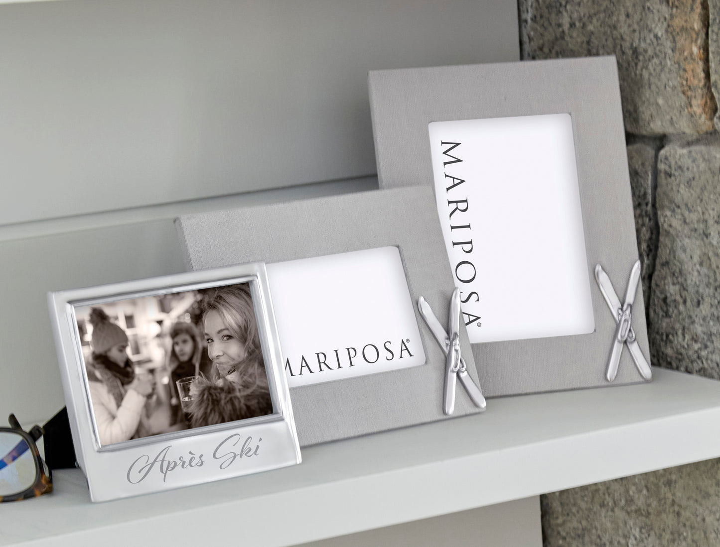 Grey Linen 5x7 Picture Frame with Silver Skis