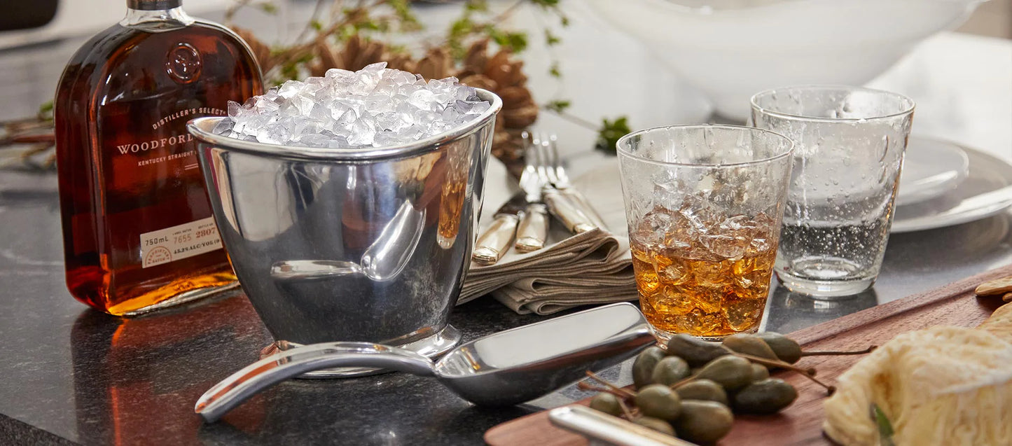 Silver Medium Oval Ice Bucket with cups of ice