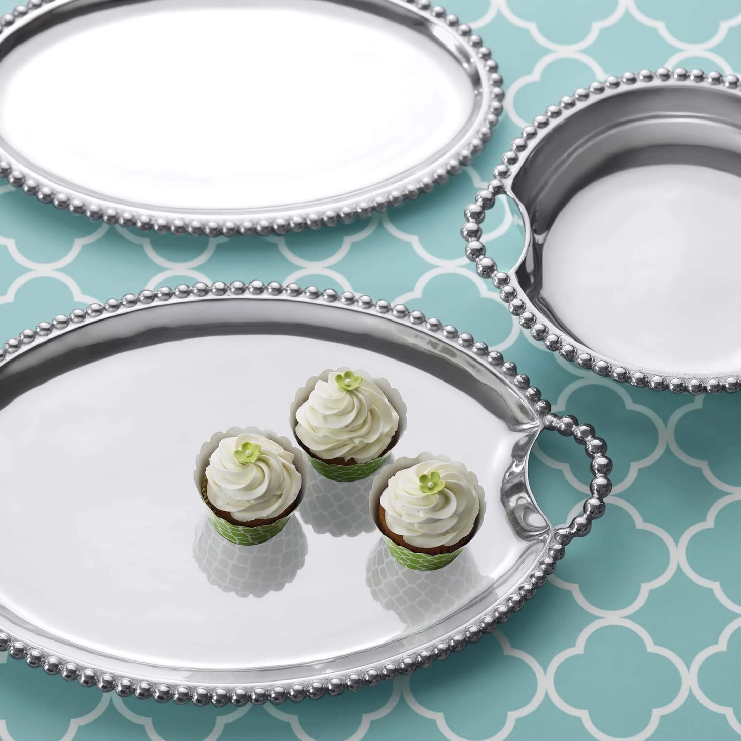 Silver Pearled Round Handle Tray