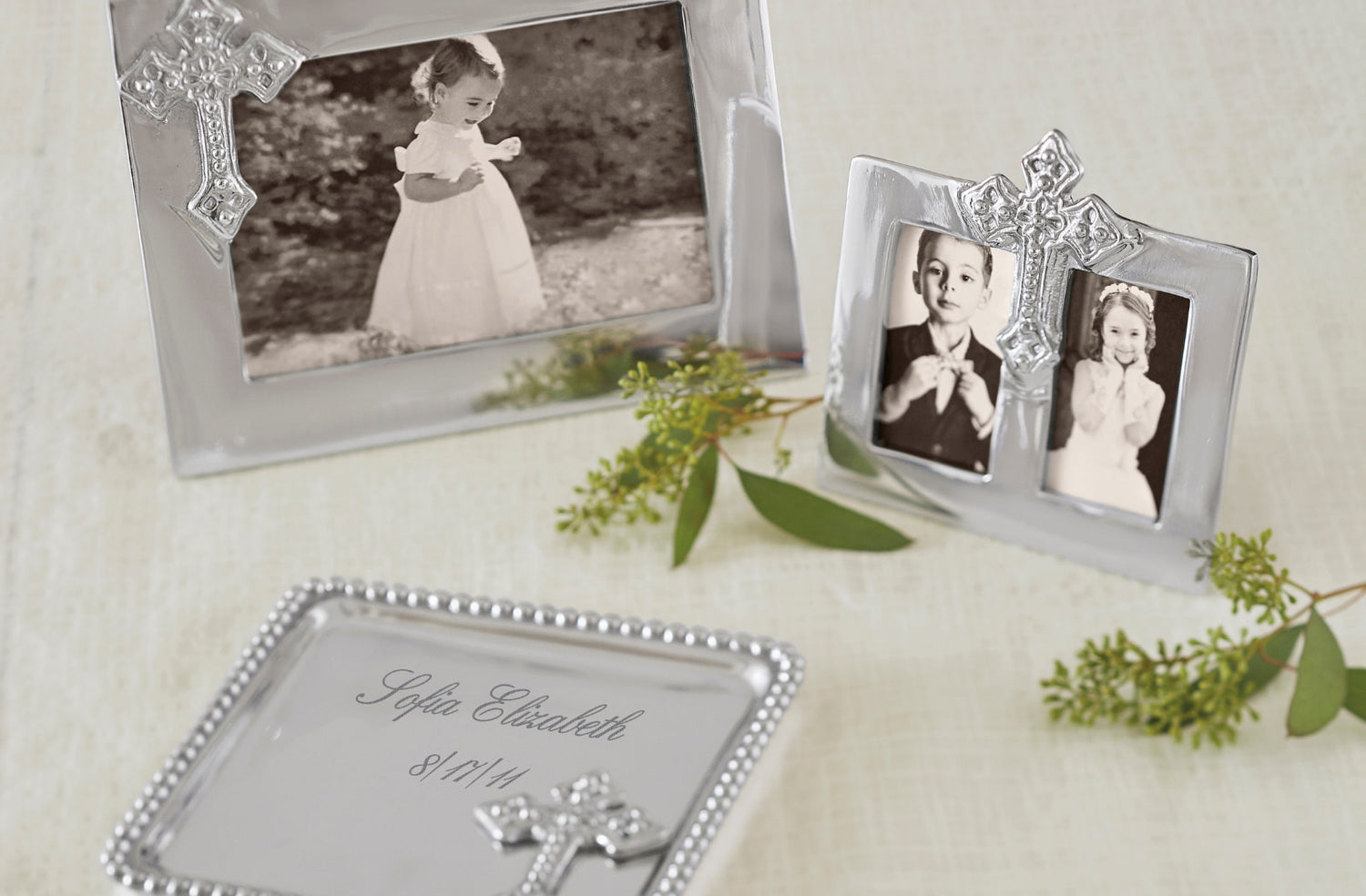 Christening gifts - silver cross picture frames, silver cross tray