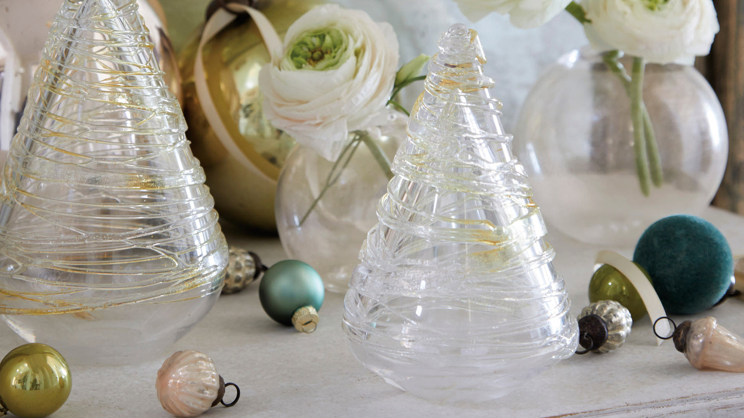 Fall, Christmas and Holiday Gifts - glass Christmas trees and ornaments and glass vases