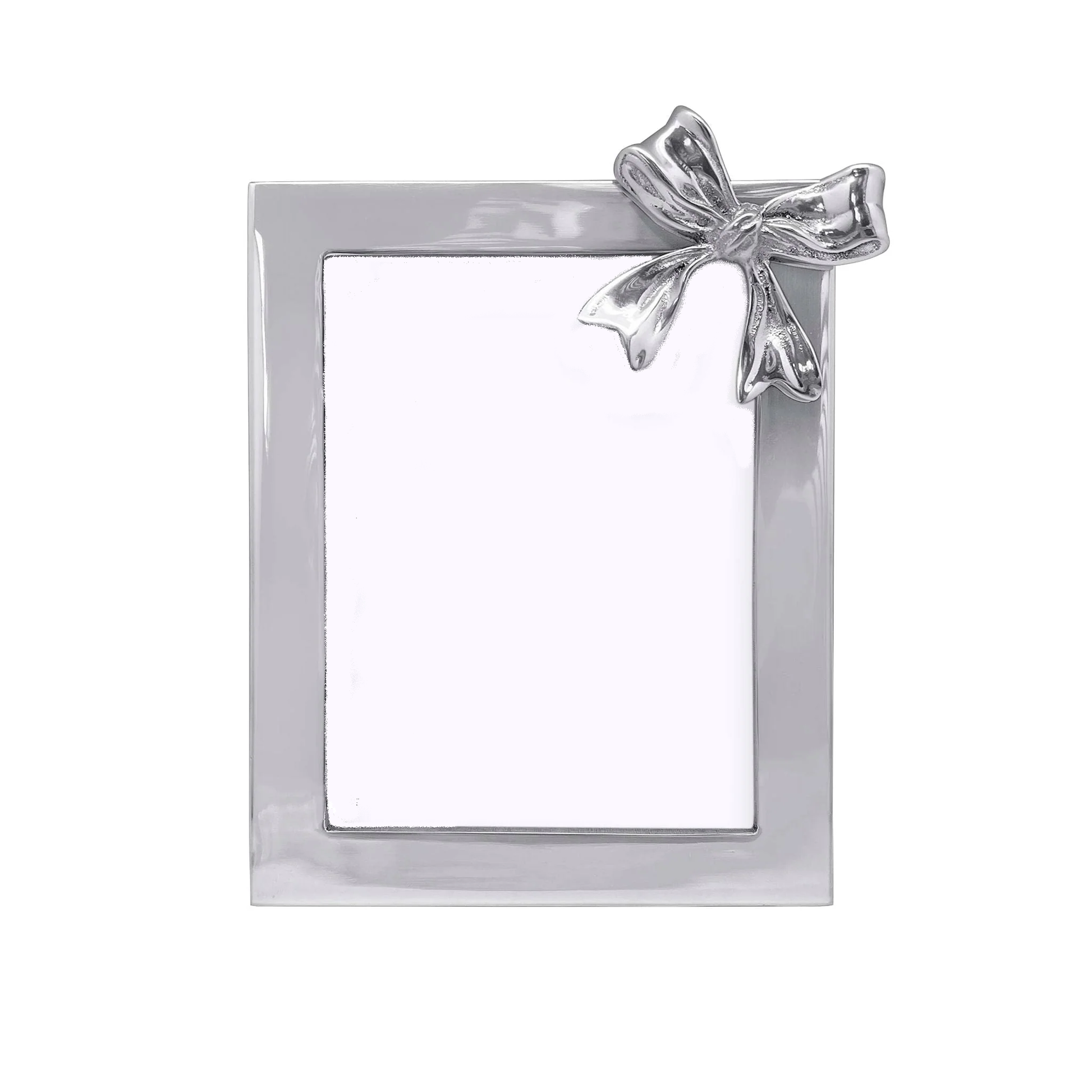 Silver picture frame with a decorative bow on a white background