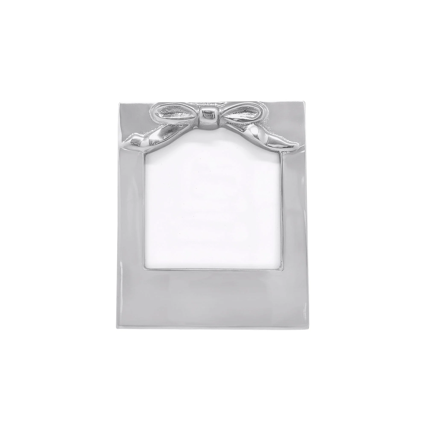 Silver picture frame with a bow design on a white background