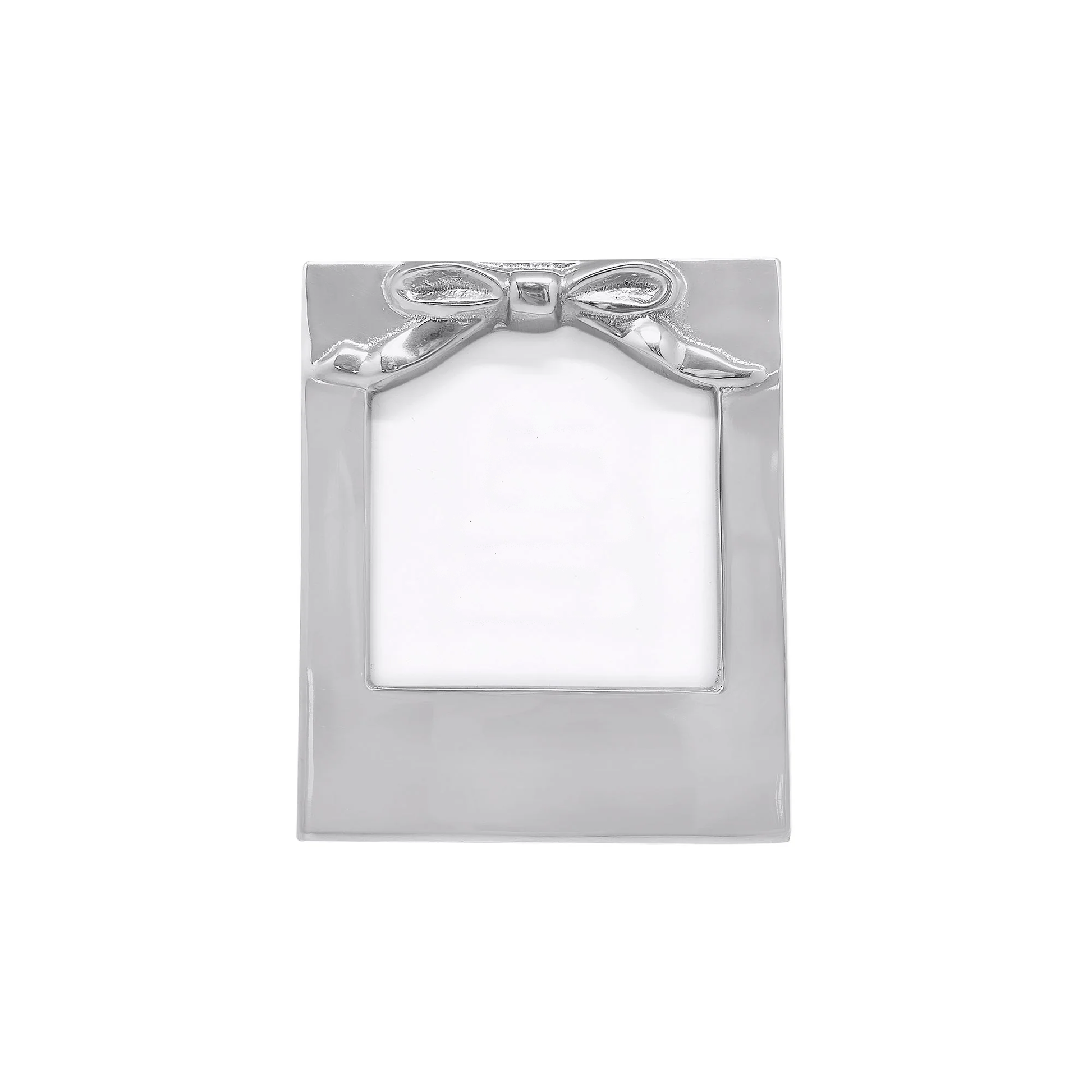 Silver picture frame with a bow design on a white background