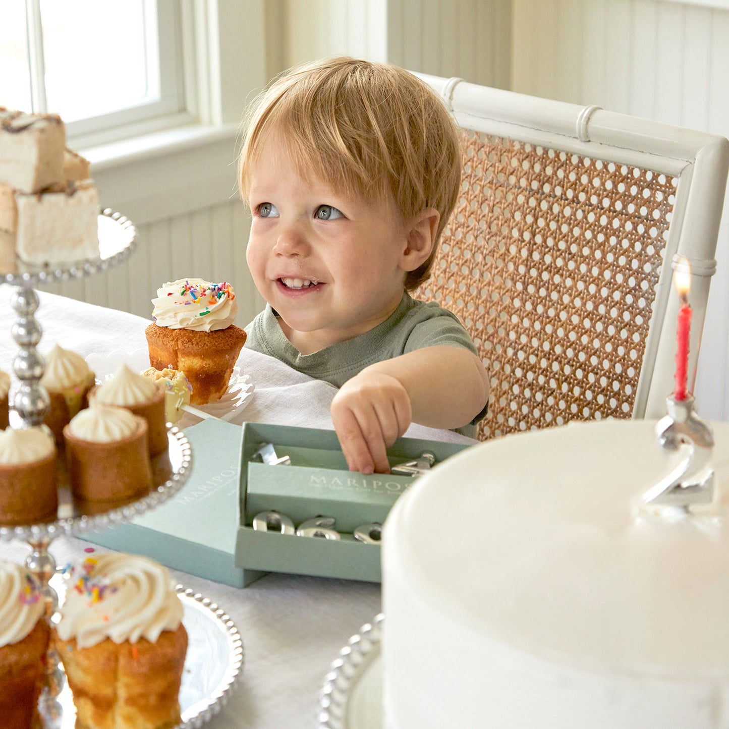 little boy with Silver Number Candle Holder Set (For Cake)