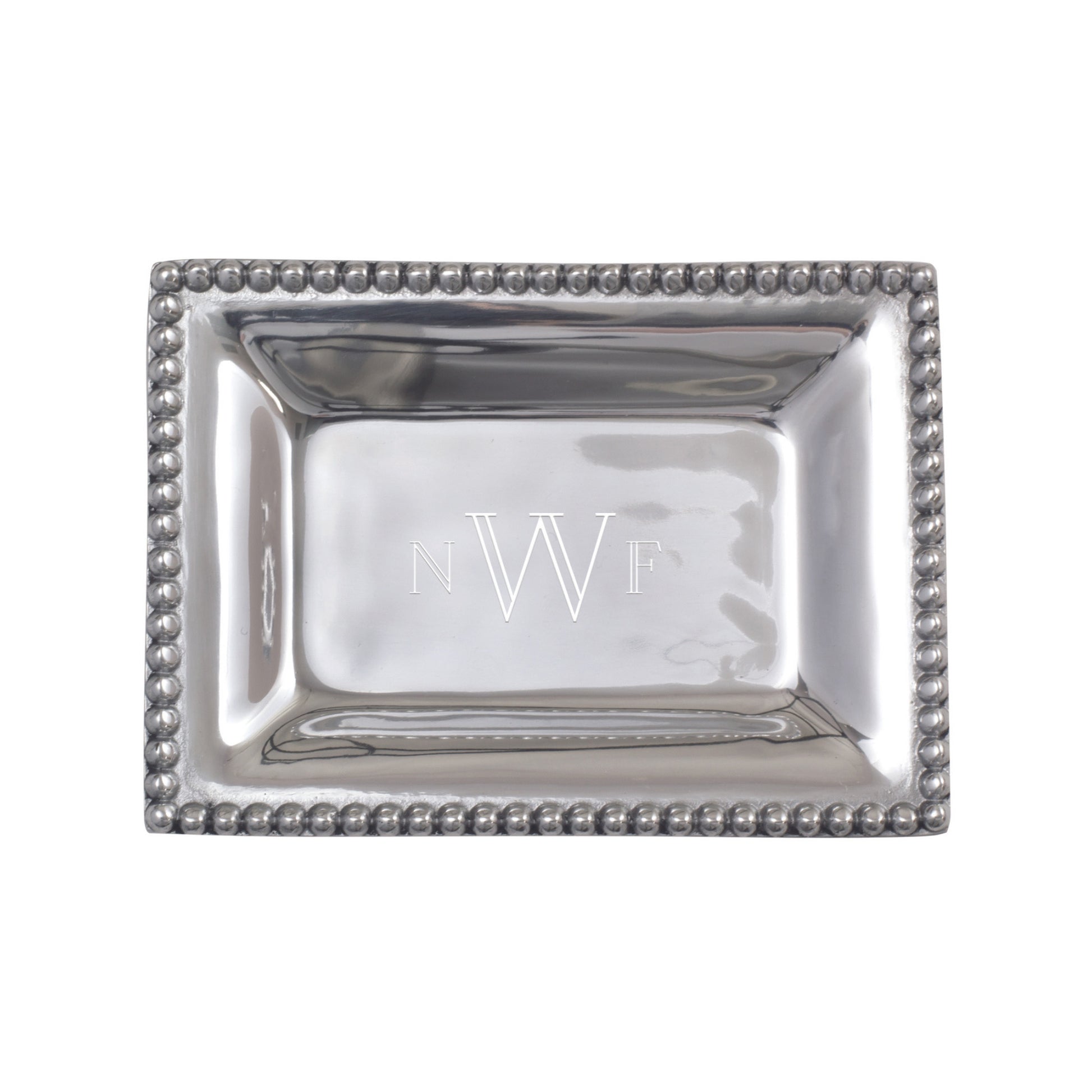 Templeton Silver Small Beaded Silver Vanity Tray that's showing an engraved monogram