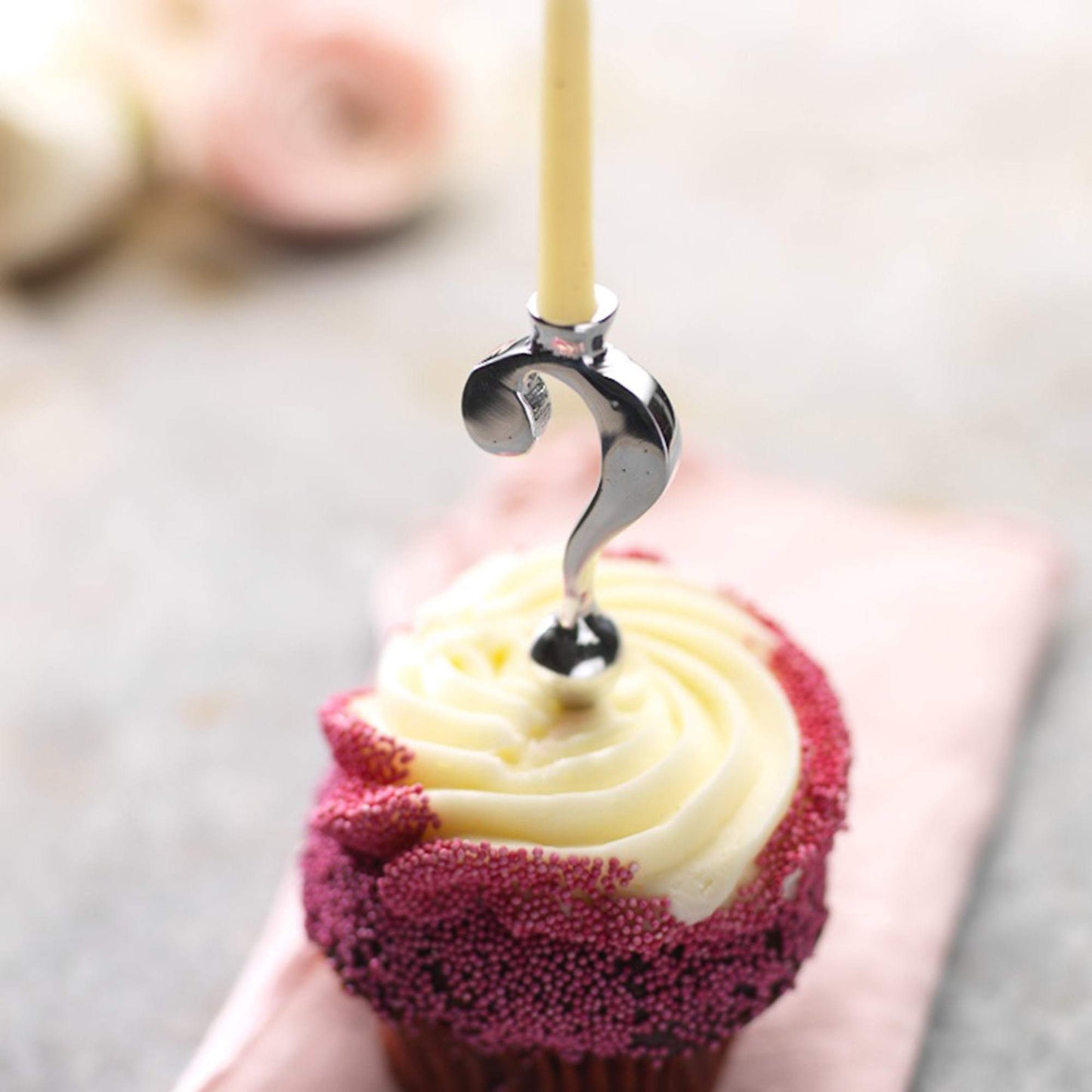 Silver Question Mark Candle Holder in a cupcake