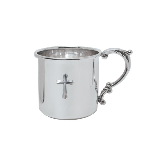 sterling silver scroll handle baby cup with cross - option to be engraved